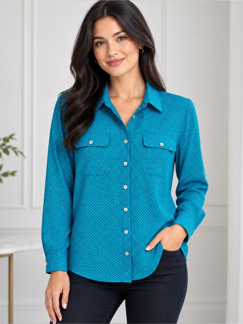 Notations Teal Black Polka Dot Button Front Blouse Tab Sleeve L Career Preppy